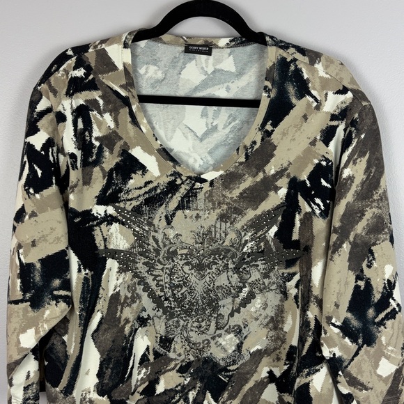 Gerry Weber Casual Abstract Embellished Long Sleeve Cotton Top Size 18 Black Tan - Picture 3 of 14